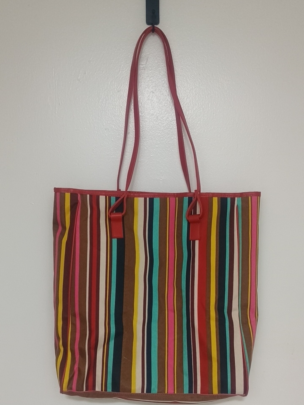 Lancome Striped Multi-Color Canvas Tote with Red Handles